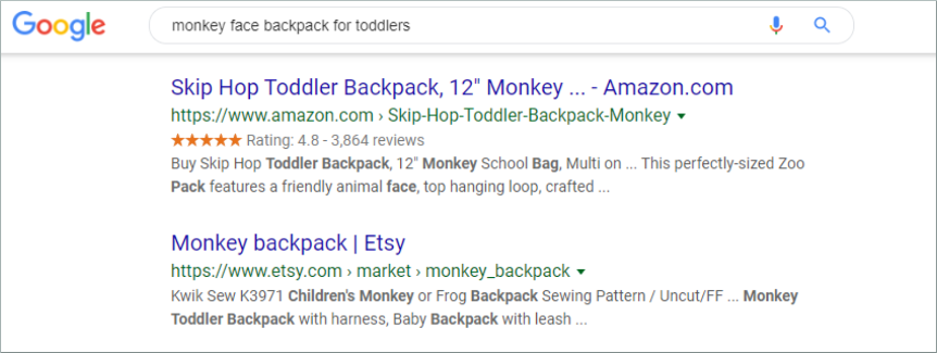 Résultats de recherche Google pour « sac à dos à visage de singe pour enfants » (« monkey face backpack for toddlers »)