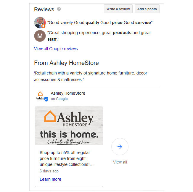 Résultat de recherche Google montrant des commentaires et des Google Posts pour Ashley Homestore