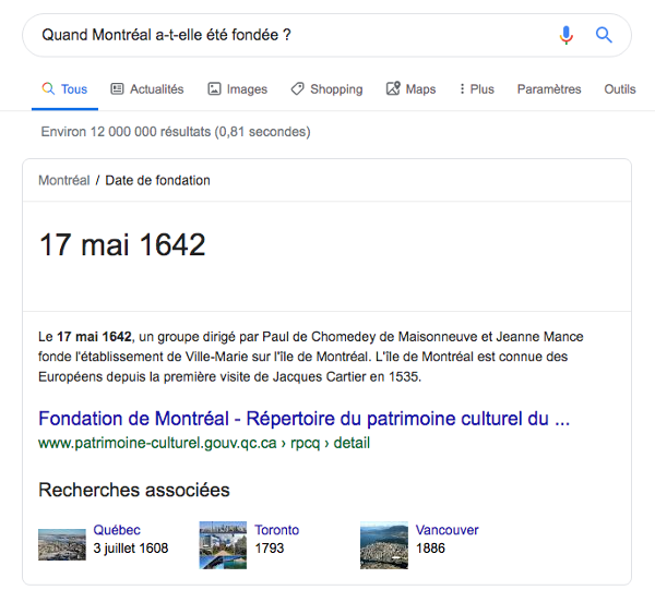 Zone de réponse de Google pour la requête « Quand Montréal a-t-elle été fondée ? »