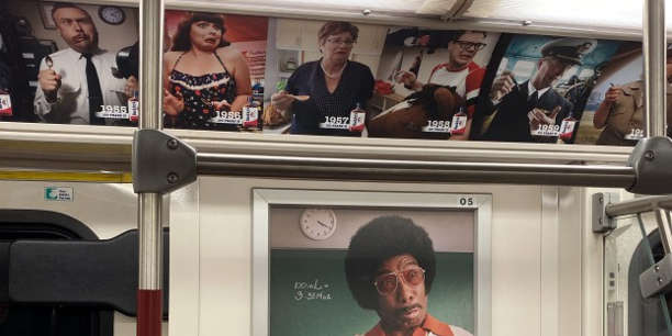 Multiple Buckley's adverts inside a subway train carriage