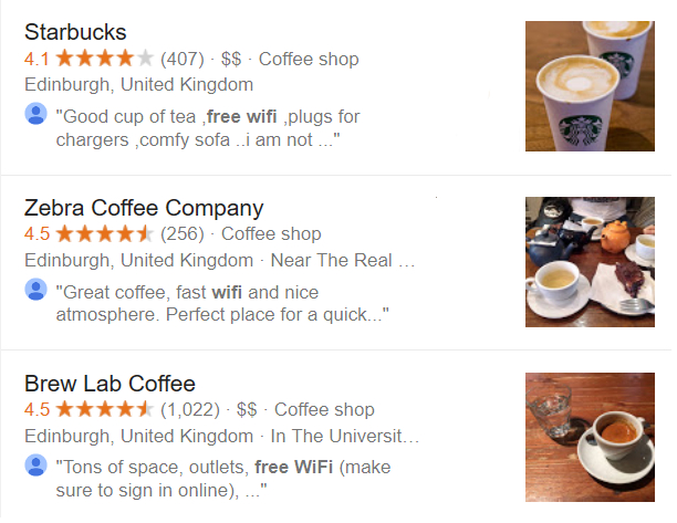 Google reviews for coffee shops with free Wi-Fi in Edinburgh