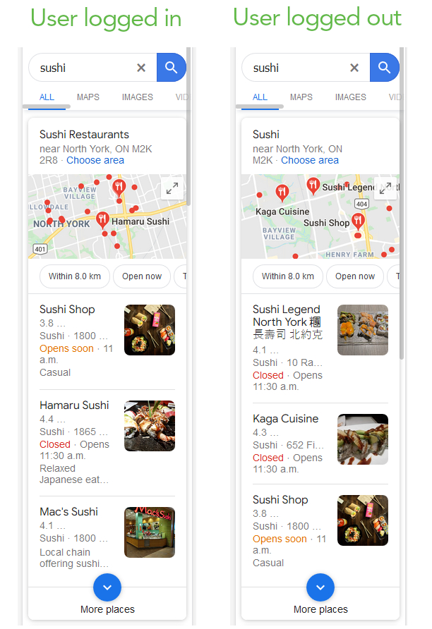 Google search results for "sushi", comparing for a user logged in and logged out