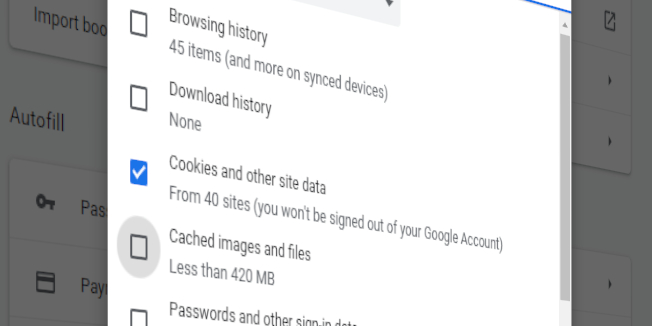 Dialog box to delete browsing history in Google Chrome browser