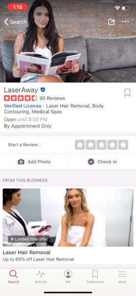 GIF animé montrant la publicité Yelp Showcase de l'épilation au laser