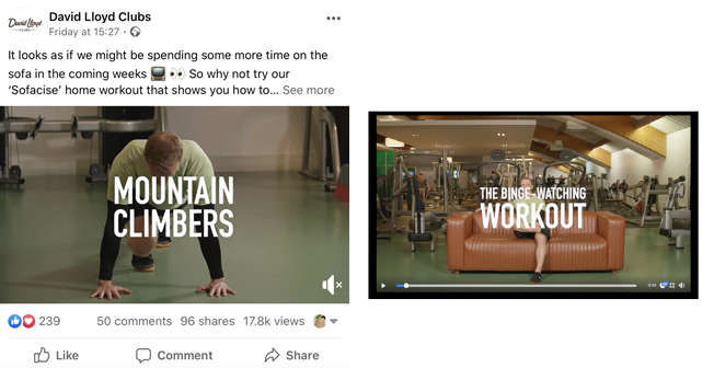 Facebook post promoting David Lloyd Clubs at-home workouts