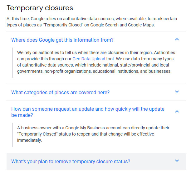 Temporary closures message concerning Google My Business