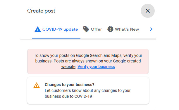 Google Post type specifically for COVID-19 updates