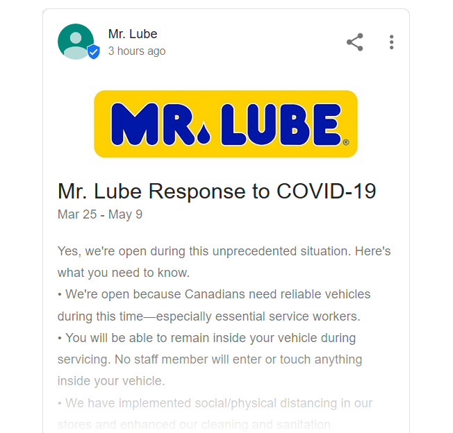 Google Post by Mr. Lube