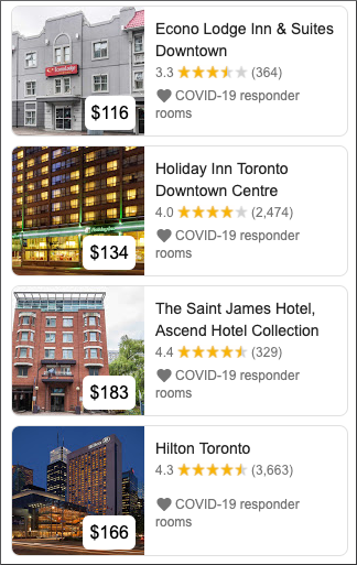 Google listing of hotels with COVID-19 responder rooms