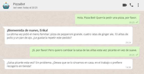 Mensajes de WhatsApp con un chatbot para pedir pizza