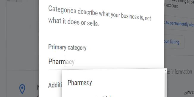 Options for business categories in Google My Business