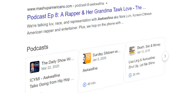 Résultats de recherche Google, y compris les podcasts