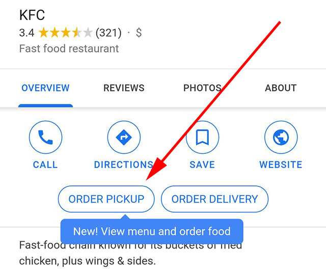 Order pickup button on a Google My Business listing