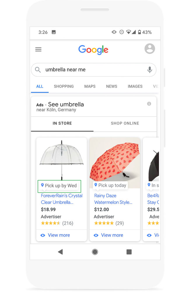 "Botón de Recoger más tarde " button en Google shopping ad