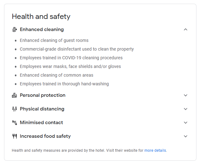 Health and safety attributes on a hotel listing in Google Travel