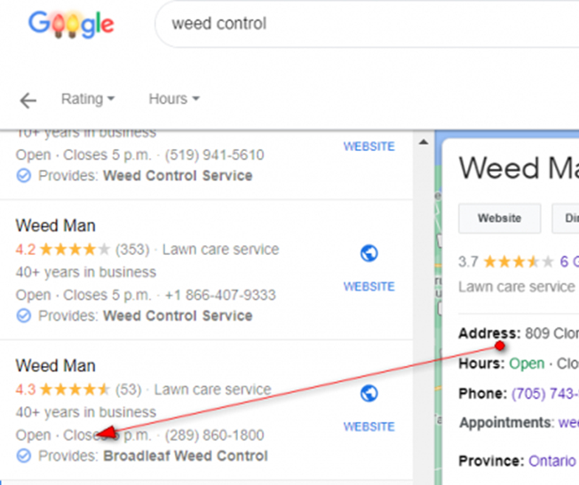  Los Google SERP dónde se ve la palabra "Provides" para destacar los servicios de la ubicación