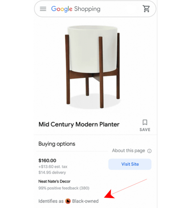 Google Shopping results showing "black-owned business" attribute