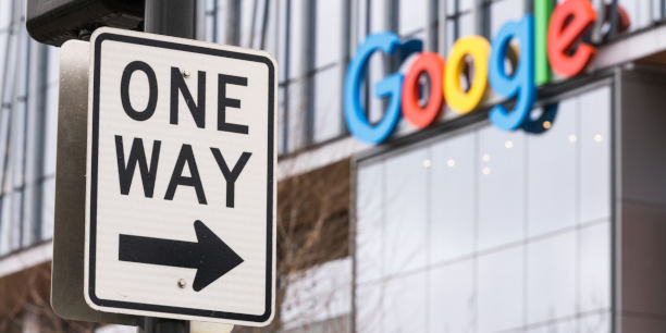 Seattle, USA - Feb 4, 2020: A one way street sign by the new Google building in the south lake union area late in the day.