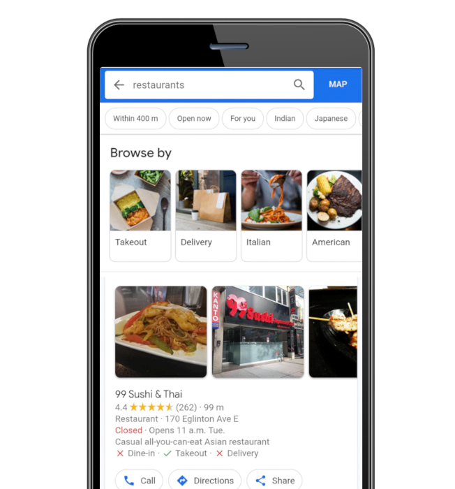 Filtering functionality in a Google search for restaurants