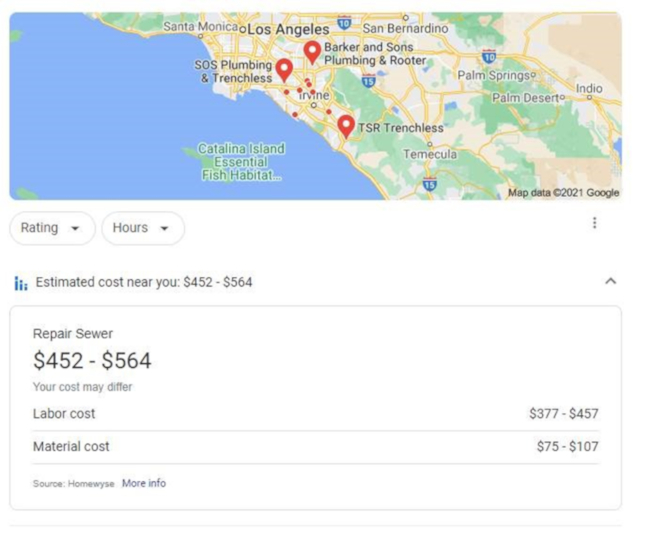 New "Estimated cost near you" field in Google's local pack search results