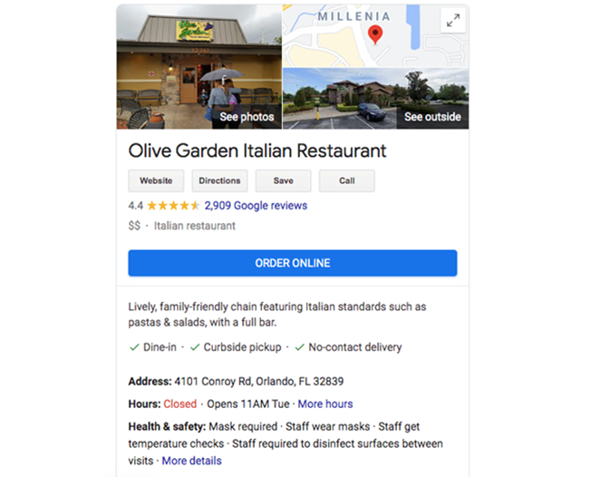 Fiches locales sur Google montrant le grand bouton bleur "ORDER ONLINE"