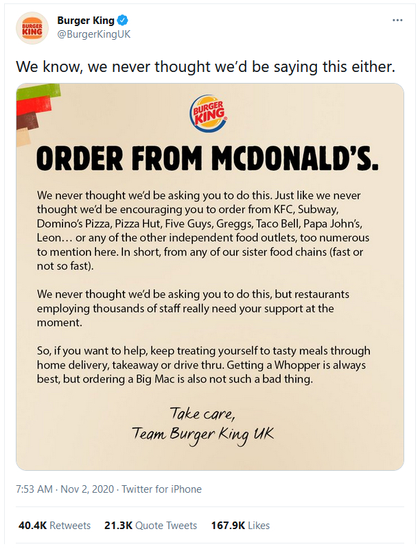 Un gazouillis de Burger King UK qui encourage ses clients à soutenir les autres chaines de restauration rapide.