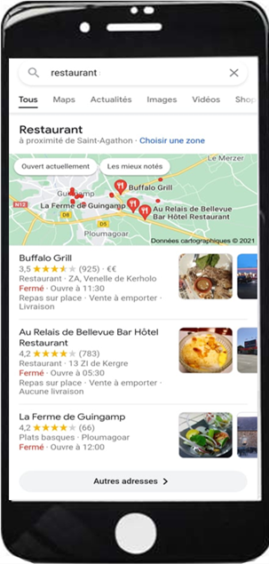 En effectuant une recherche non-locale, on retrouve tout de même le local pack avec comme mot clé « restaurant » à Saint-Agathon.