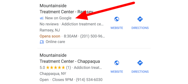 "New on Google" label on a Google My Business listing