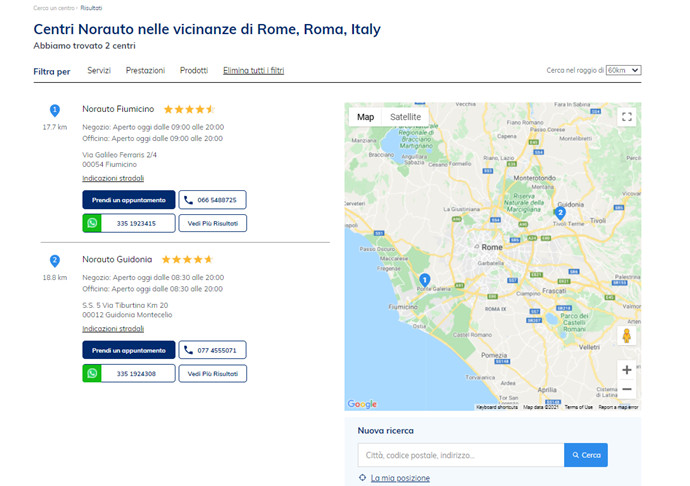Interface du Store Locator pour Norauto en Italie.