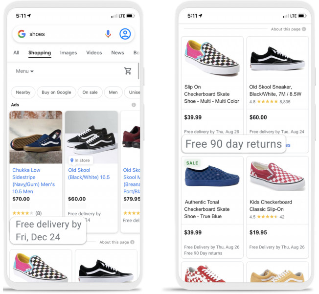 Shipping and returns annotations on Google search results