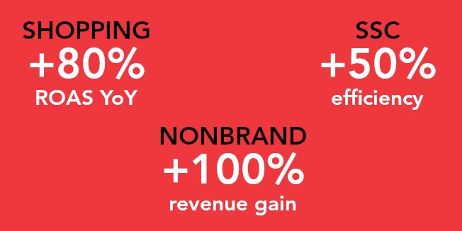 SHOPPING +80% ROAS YoY, NON-BRAND +100% revenue gain, SSC +50% ROAS efficiency