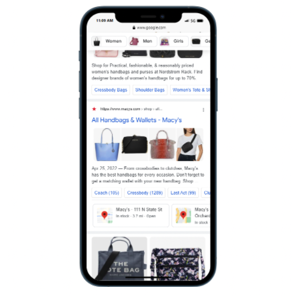 screenshot of SERP for handbags and wallet search on smartphone