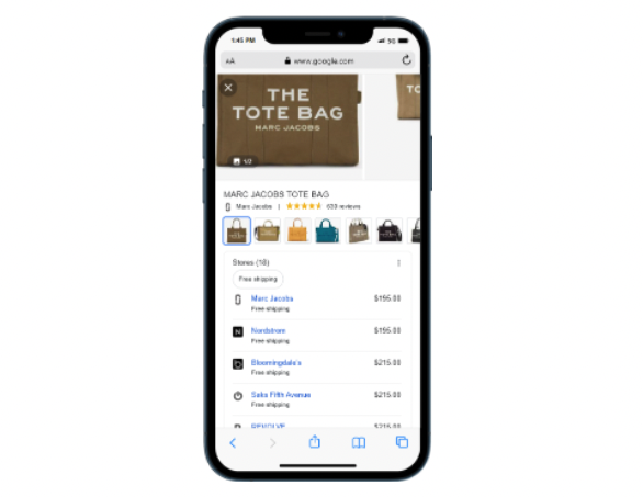 Screenshot der Product Description Page für Marc Jacobs Geldbörsen auf einem Smartphone
