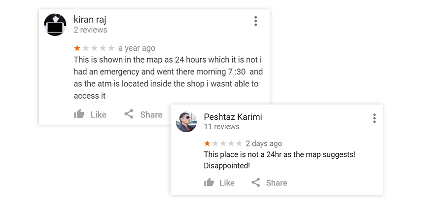 Bad user reviews for a local store on Google