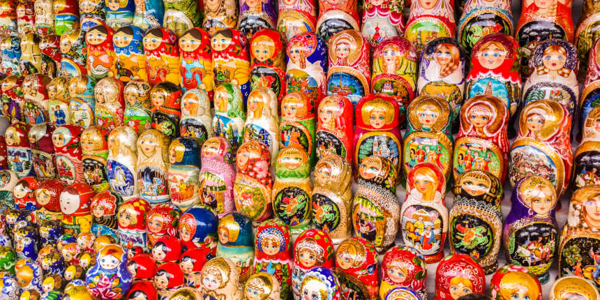 A large, colorful collection of Russian nesting dolls