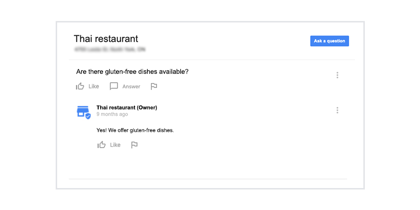 Google Q&A on a restaurant's local listing