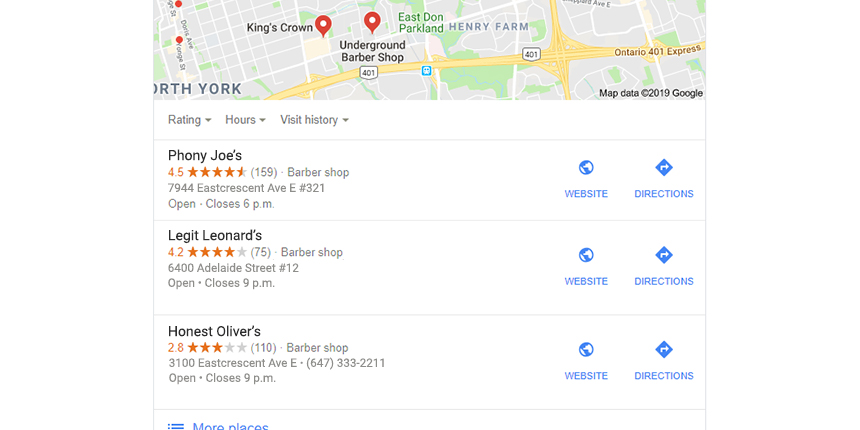 Google local search results with a phony listing in the top position