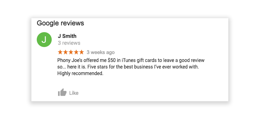 A clearly incentivized Google review for a local business