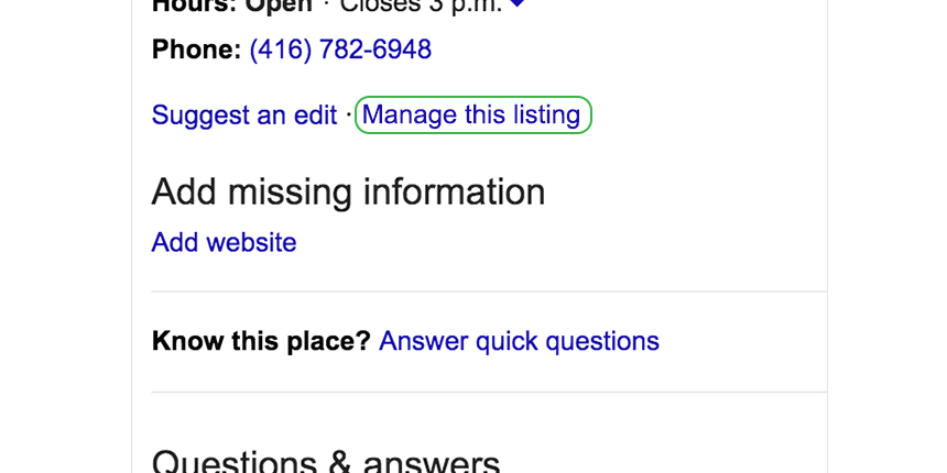 New "Manage this listing" button on a local Google search result