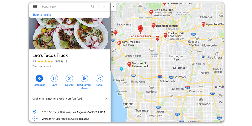 Food truck listing on Google Maps