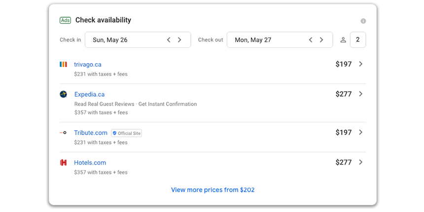 Screenshot of Google Hotels check hotel availability feature