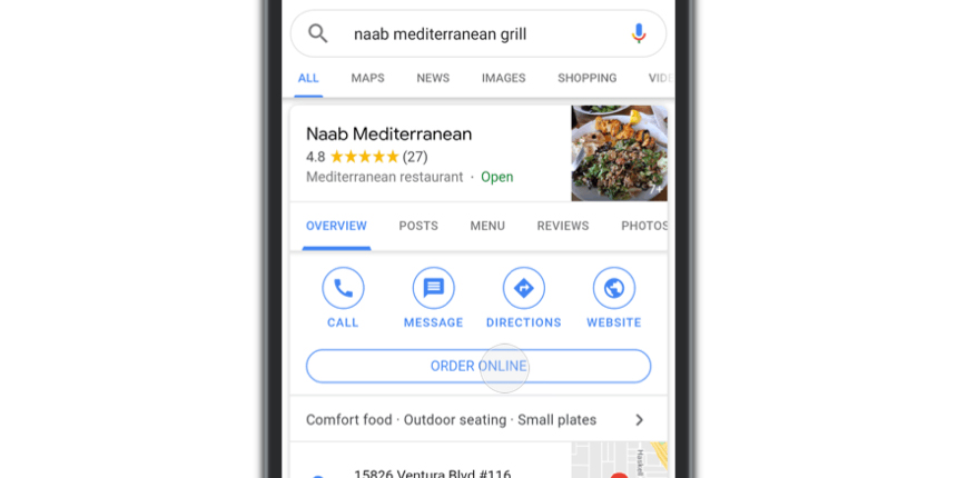 Order now button on Google restaurant SERP