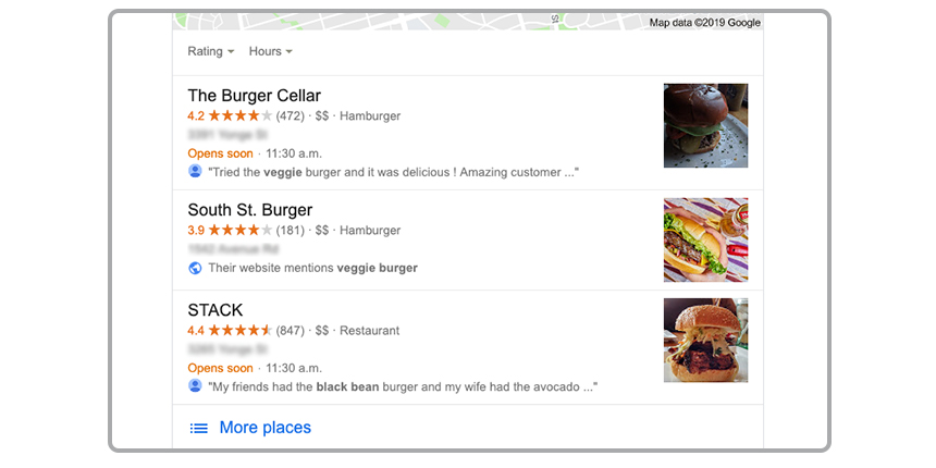 Google local search results for "veggie burger"