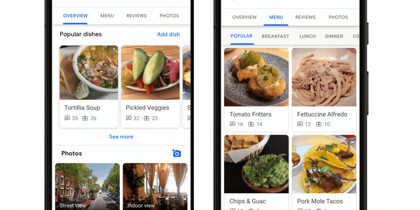 Google's popular dishes feature for restaurant listings