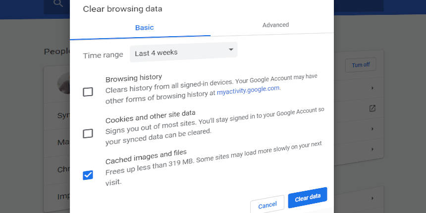 Chrome dialog box to delete browsing history