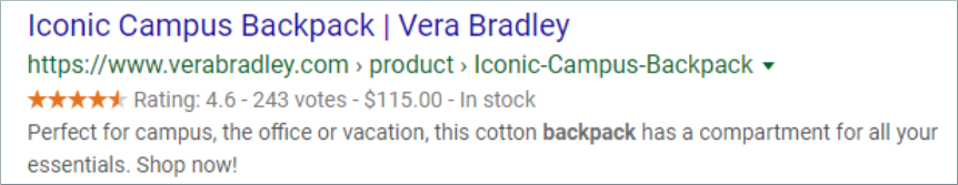 Google SERP listing for Vera Bradley backpack