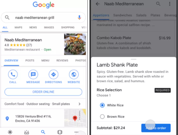 Ordering food from Naab Mediterranean online directly through Google SERP