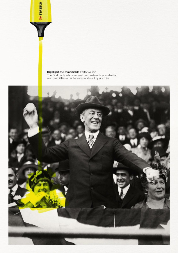 A black and white print advert by Stabilo Boss showing a pop of the color, yellow