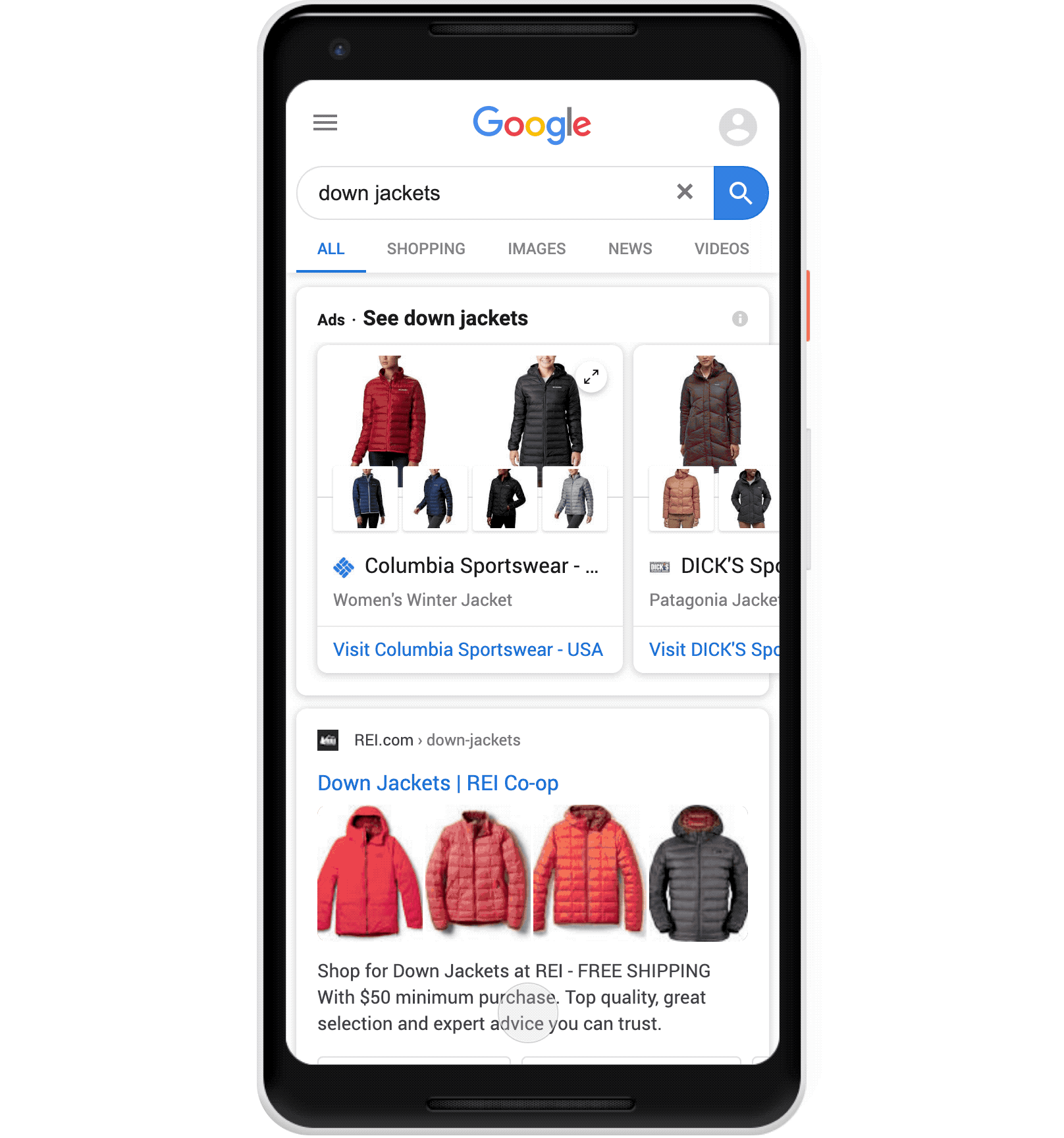 Animated GIF showing Google product carousel of down jackets in organic results