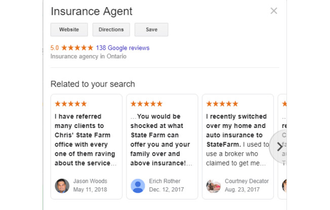 Google review carousel of a search for Insurance Agent
